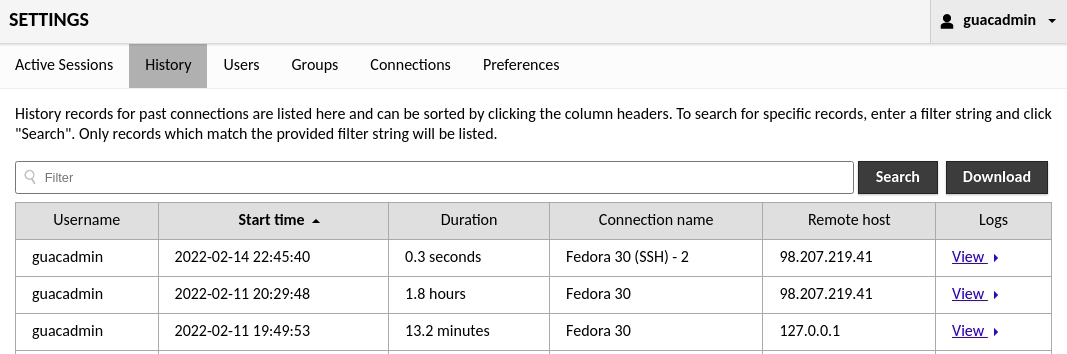 Connection history interface with recordings