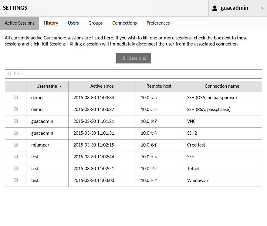 Session management interface